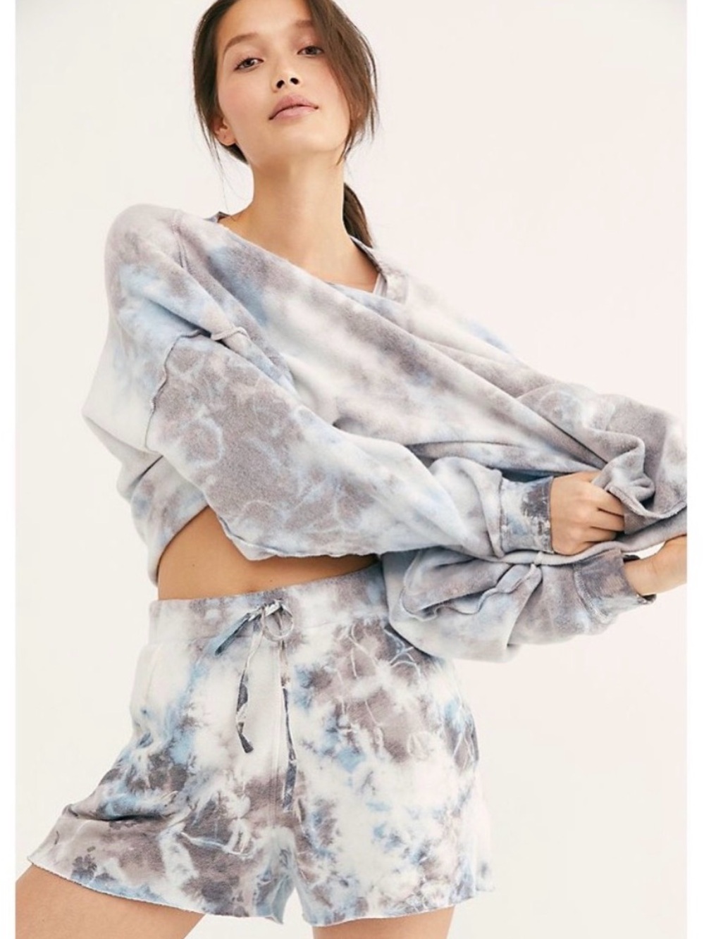 Free People Tie-Dye Cropped Sweatshirt and Shorts Set - Light Blue & Gray